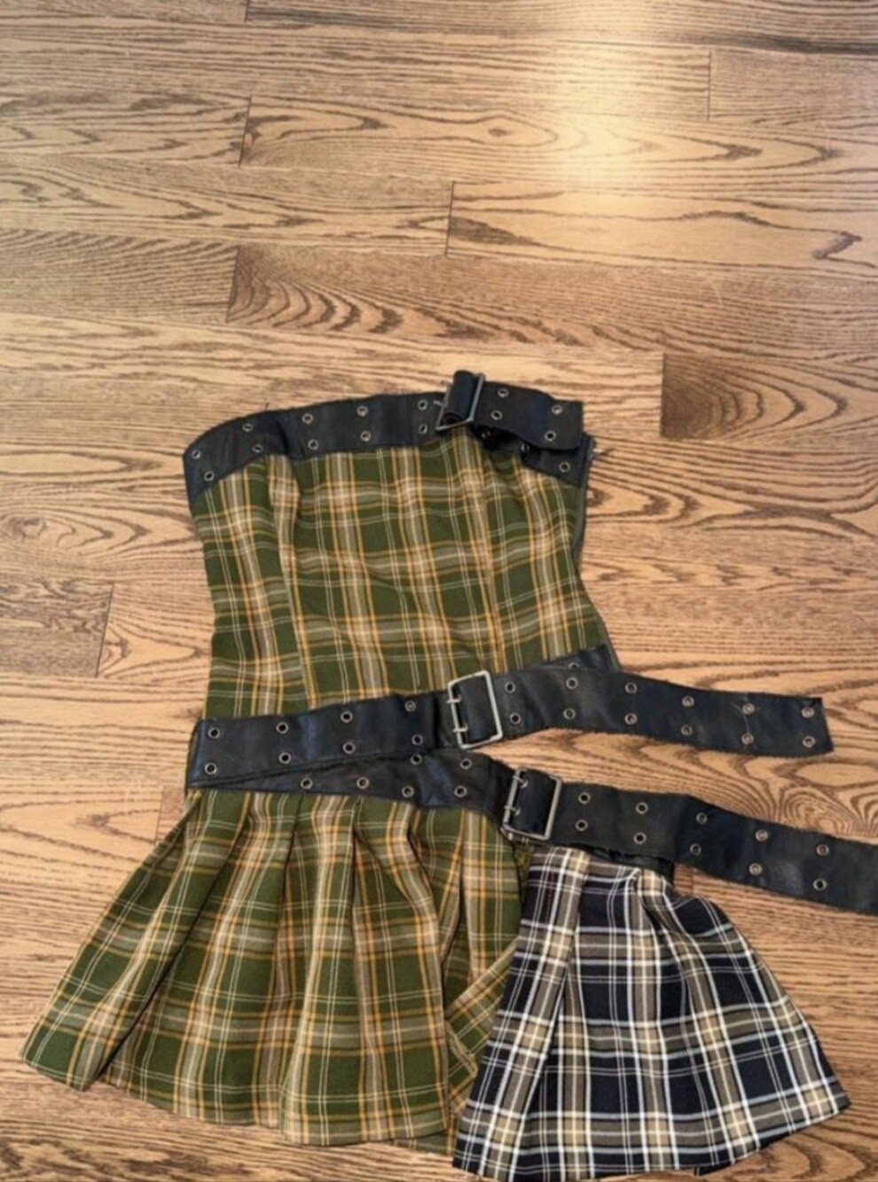 Jaded London Green and Tan Plaid Pleated Skirt with Black Eyelet Belt